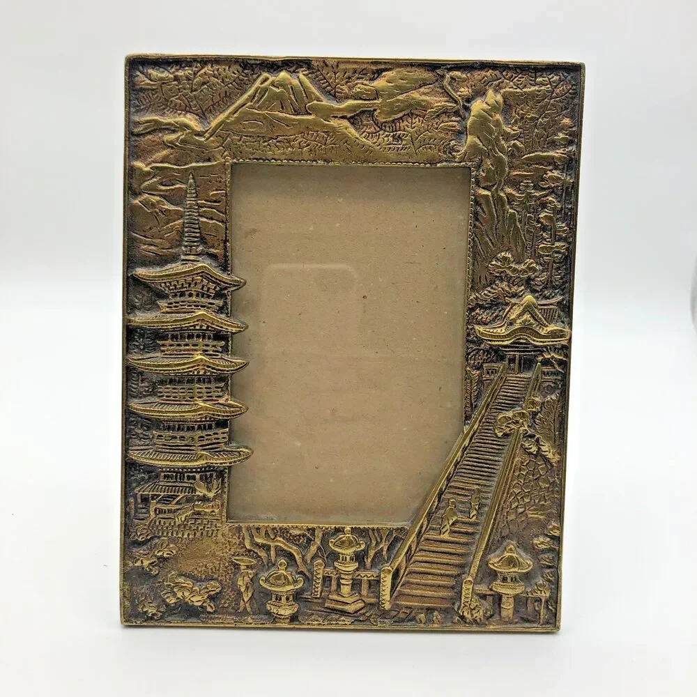 Asian Table Picture Frame Heavy Cast Metal Easel Stand Pagoda ANTIQUE